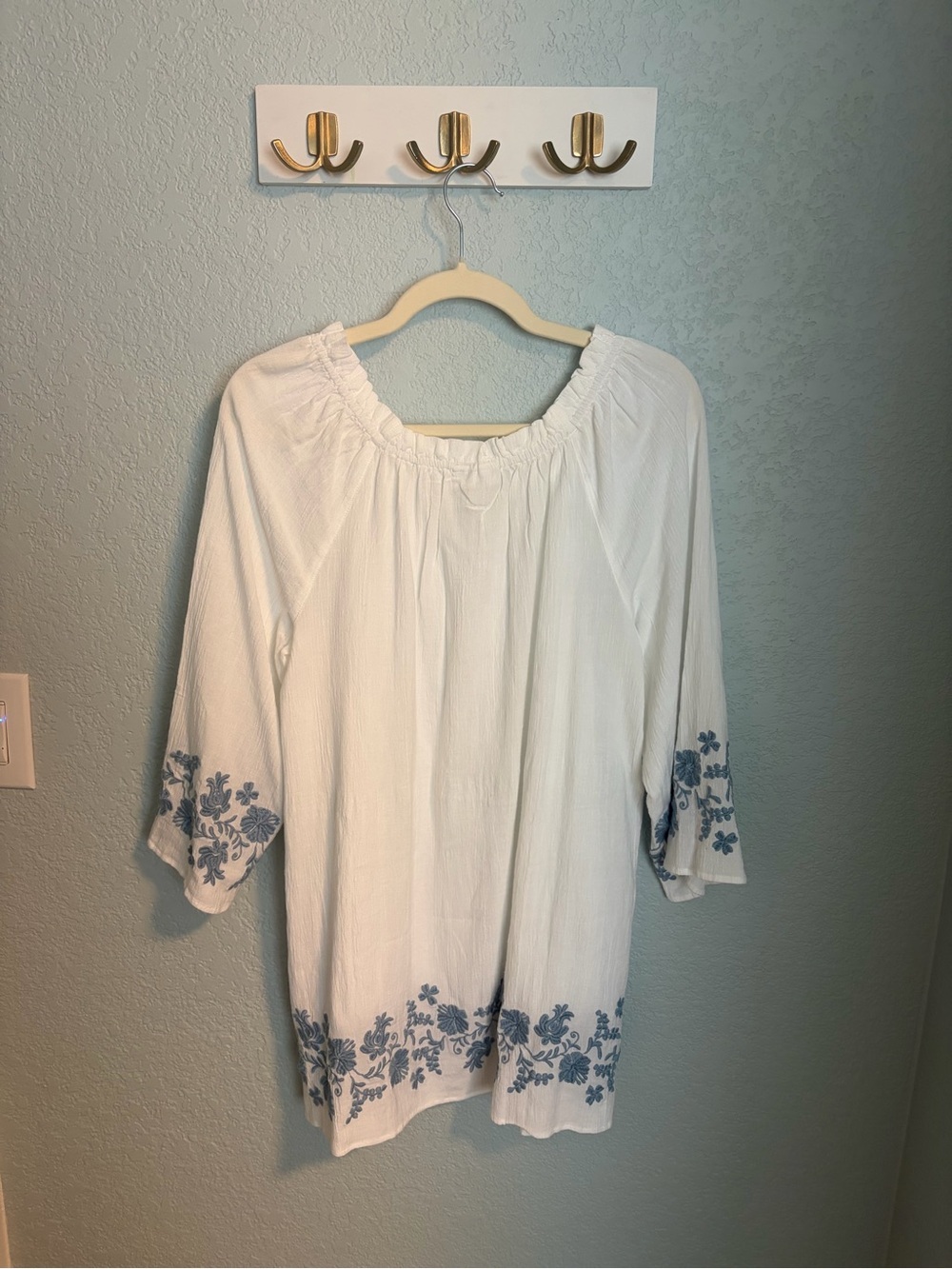 J. Jill White Embroidered Tunic Dress Blue Floral Boho Cover Up Cotten Blend - Picture 7 of 9